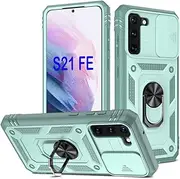 [PASNEW] for Samsung Galaxy S21 FE 5G Case,360° Metal Ring Kickstand & Camera Cover Slide & Charge Port Dust Plug,Military Heavy Duty Full Body Shockproof Hard Shell for S21FE,6.4 inch,Green