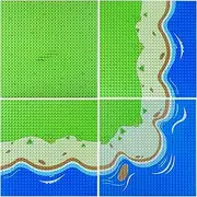 EKIND 4-Pack 10" x 10" Beach Base Brick Plate Compatible for All Major Brands, Scenes Baseplates for Grass Oasis, Pirates Sea and More Building Blocks Kids Toy (2 Straight + 1 Curve + 1 Grass)