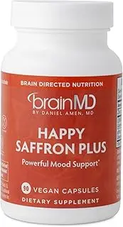 Dr. Amen BrainMD Happy Saffron Plus - 90 Capsules - Stress & Anxiety Relief, Mood Boost, Mental Focus - Saffron Flower Extract, Curcumin, Zinc - Vegan, Gluten-Free - 30 Servings