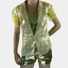 Lady Sequin Jacket Coat Cardigan Waistcoat Jazz Dance Glitter Tassel Fringe Tops