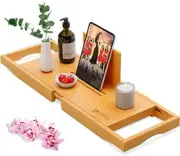 Luxury Bathtub Tray Caddy - Bamboo Adjustable Bath Tub Table Caddy for Bathroom