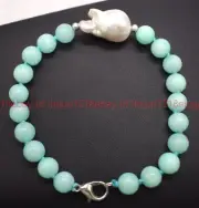New 8/10/12mm Blue Amazonite Round Gems Bead White Baroque Pearl Bracelet 7.5in