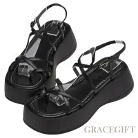 在飛比找momo購物網優惠-【Grace Gift】交叉細帶雪糕厚底涼鞋(黑)