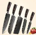 Chef Paring Nakiri Santoku Knife Set Laser Damascus Pattern Wood Handle Slicing