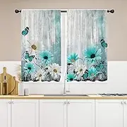 EGLGCC Teal Floral Kitchen Curtains 27.5W x 39L Inch Small Mini Turquoise Aqua Flower Rustic Country White Daisy Butterfly Rod Pocket Short Tiers for Cafe Window Drapes Treatment Fabric 2 Panels