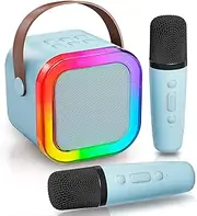 Kids Karaoke Machine with 2 Wireless Microphones, Mini Bluetooth Speaker with LED Lights, Karaoke Mircophone Singing Machine with 5 Magic Voices for Adults Kids