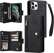 YocoverTech for iPhone 11 Pro Max Case,for iPhone 11 Pro Max Wallet Case[6 Card Slots and 1 Zipper Coin Pocket] PU Leather Stand Flip Cover with Wrist Strap[6.5 inch]-Black