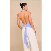 Blue Double Layer Slinky Backless Trim Detail Long Top, Blue