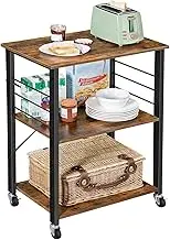VASAGLE Kitchen Shelf on Wheels, Serving Cart with 3 Shelves, Kitchen Cart, Microwave Shelf, for Mini Oven, Toaster, with 6 Hooks, Industrial Style, Rustic Brown and Black KKS60XV1
