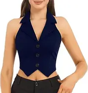 [Jugaoge] Womens Button Down Pointed Hem Vest Waistcoat Lapel Halter Backless Camis Blazer Tops Tuxedo Jackets