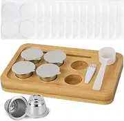 Reusable Capsules for Espresso OriginalLine, 6pcs Espresso Refillable Pods Stainless Steel Coffee Pods Compatible for Nespresso Originaline Machine(6 Pods+100pcs Lids+ Bamboo Storage Tray)