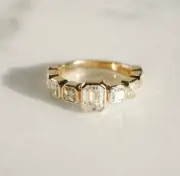 Emerald & Asscher Cut Moissanite Full Bezel Setting Band 14K Gold Wedding Ring
