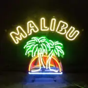 19"x15" Malibu Beer Palm Tree Sun Neon Light Sign Real Glass Wall Art Acrylic