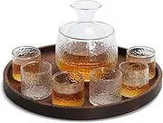 Japanese Sake Set for 4, Glass Hammer Pattern in Golden Trim, 1 Cyrstal Clear Sake Bottle, 1 Sake Tank and 4 Sake Cups, Cold/Warm/Hot Sake Carafe, Special Japanese Gifts