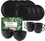 greenandlife 16-Piece Wheat Straw Dinnerware Sets Service for 4, Unbreakable Plastic Plates and Bowls Sets Cups, Dishwasher Microwave Safe Reusable Lightweight Dish Sets for Outdoor Camping RV, Black