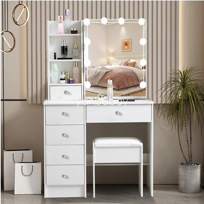 6 Drawers Dressing Table White Vanity Make up Desk w/ Stool Mirror 10 LED Bulbs