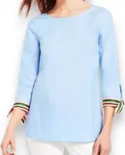 NWT Talbots Grosgrain Ribbon Tie Sleeve Tunic Top Light Blue Cotton Blouse ( 2XL
