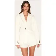 Cream Tailored Woven Cinch Waist Blazer, Cream