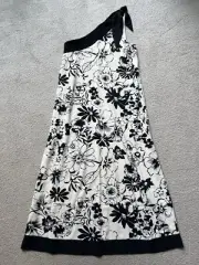 Abercrombie & Fitch A&F One-Shoulder Scarf MIDI Dress Black Cream Floral Tie S