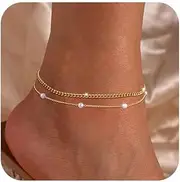 [Coshilta] Gold Anklets for Women - Waterproof Cuban Link Heart Beads Anklets Set Layered Anklet Bracelets for Women Gold Jewelry