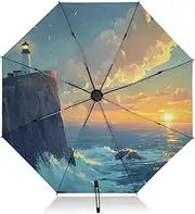 [PDZRMY] UV Protection Travel Umbrella Lighthouse Beach Waves Compact for Rain and Sun - Auto Open and Close UPF 50+ Windproof Portable 46” Sun Umbrella for Women and Men