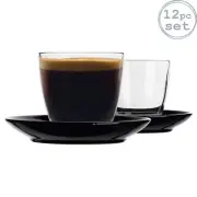 12pc Glass Coffee Cup Ceramic Saucer Set Tumbler Latte Cappuccino Black 220ml