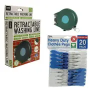 Retractable Washing Line & 20pcs Heavy Duty Plastic Hanging Pegs Clothes Airer Laundry