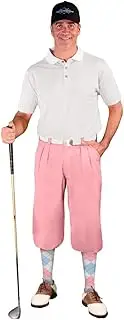 [Golf Knickers] Mens Outfit - Pink Microfiber, Limited Edition Ball Cap, Over-The-Calf Argyle Socks, White Golf Shirt