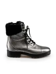 Silver Leather Faux Fur Combat Boots