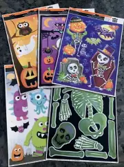 5 Pks - Halloween Static Cling Window Decorations - Witch / Bats / Pumpkins NEW!