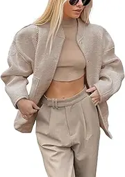 [Athlisan] Womens Oversized Wool Blend Bomber Jacket Casual Button Down Varsity Jacket with Pockets