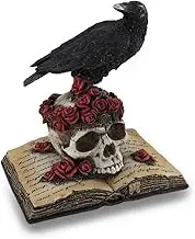 Mystical Raven on a Rose-Covered Skull Hand Painted Resin Statue -,Perched Upon 'The Raven' Poetry Book - an Artistic Fusion of Macabre and Literary Allure