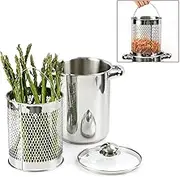 Glendaveny Stainless Steel Asparagus Pot, 4 Quart Steam Cooker Vegetable Asparagus Cooker with Removable Basket and Lid, Spaghetti Pasta Stovetop Cooker Small Deep Fryer Pot for Kitchen French Fries