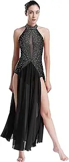 [Manyakai] Women Lyrical Dance Dress Halter Strappy Back Leotard Mesh Split Maxi Skirt Modern Dance Costume