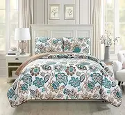 (King/California King) - Fancy Collection 3pc King California King Oversize Quilted Coverlet Bedspread Set Floral White Brown Teal Reversible New