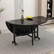 Folding Dining Table, Round Drop-Leaf Folding Dining Table, Versatile Dinner Table with 6 Universal Wheels & Metal Frame, Foldable in 3 Forms, for Small Space Dining Room Kitchen
