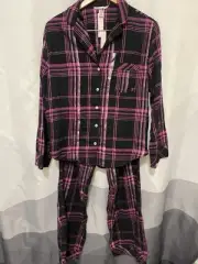 Victoria’s Secret Pajama Set 2 Piece Black Pink Checkered Flannel Small NWT