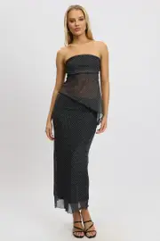 Black Polka Dot Mesh Skirt Elasticated Picot Trim Midaxi - Size 16XL, Women's Bodycon Skirt