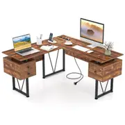 Costway 150cm L-shaped Corner Computer Desk w/Power Outlets File Cabinets & 3 Storage Drawers Office Table