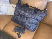 DKNY New Nora Duffle Nylon Leopard Logo Bag Black/Gray & Vela LG zip Wallet NWT