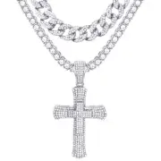 3D Cross Pendant Silver Tone 24" Tennis and Cuban Chain Necklace TCMP 708 S