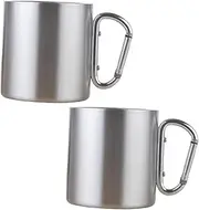 DINHEAROM 2Pcs Travel Mug Portable Outdoor Cup with Carabiner Clip Lightweight Insulated Metal Mug for Camping Hiking and Mountaineering Silver Buckle Color