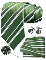 3.15"（8cm） Mens Stripe Tie and Lapel Pin Necktie Olive Green / White / Black
