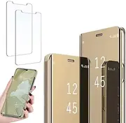 Case Cover for Samsung Galaxy Note 10 Plus Mirror Flip Case,【2】 Screen Protection Film 360° Protective Stand Shockproof Translucent Smart Clear View PC Case Compatible for Note 10 Plus,Black