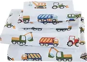 Linen Plus Twin Size 3pc Sheet Set for Kids Construction Tractors White Blue Red Green Yellow Grey