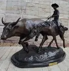 Western Art Deco Farmer Men With Bull Bronze Masterpiece Sculpture Marble Statue