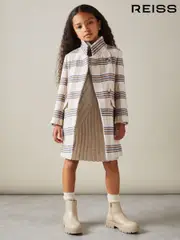 Reiss Brown Claude 9-13 yrs Wool Blend Checked Asymmetric Funnel Neck Coat (E54493) | $280