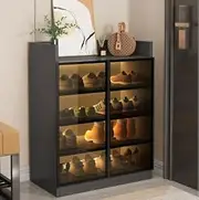 Wooden Shoe Storage Cabinet with Tempered Glass Doors and Adjustable Shelves Shoe Rack Organizer and Shoe Cupboard
