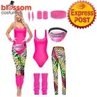 N1626 80s Neon Leotard Pink Sportwear Retro Rocker Workout Womens Party Costume