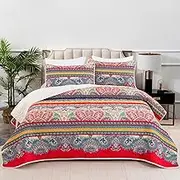 Bohemian Bedspread Quilted Bedspreads Queen Size Red Bohemian Bed Coverlet Bed Throws with 2 Pillowcases for All Seasons